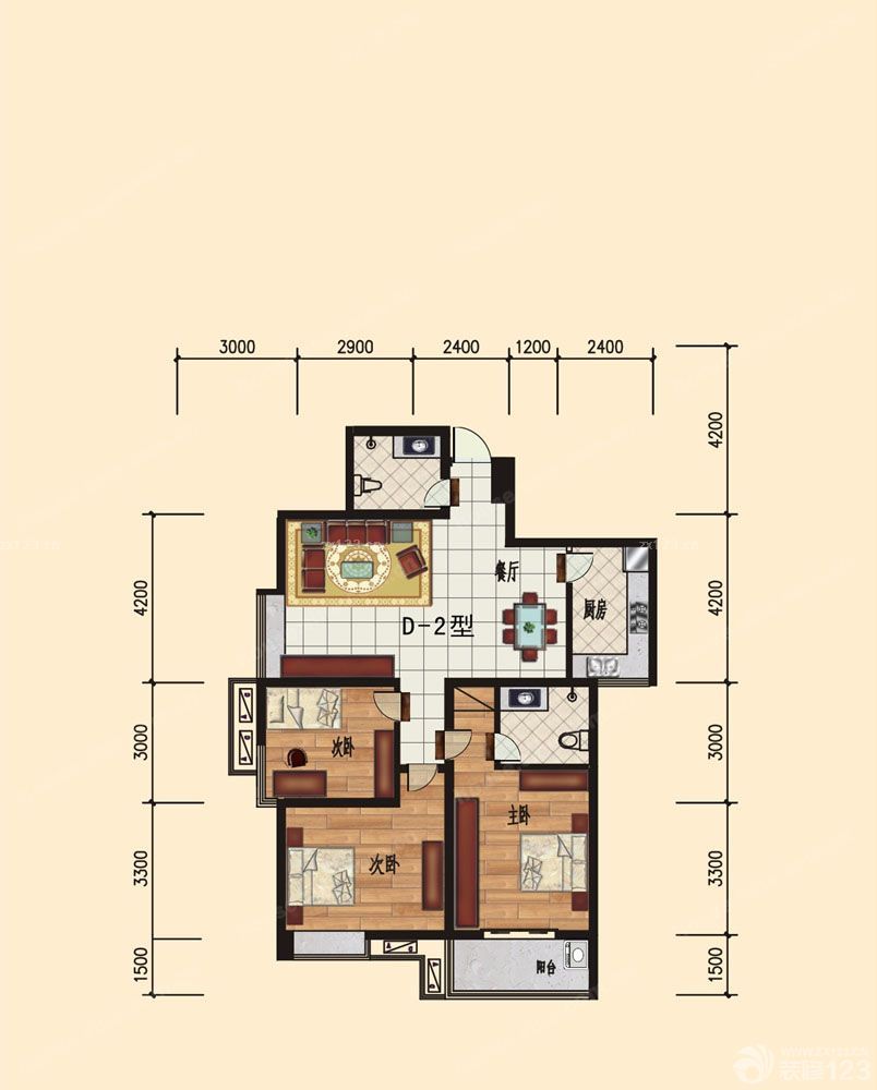 三室两厅二卫带阳台户型图