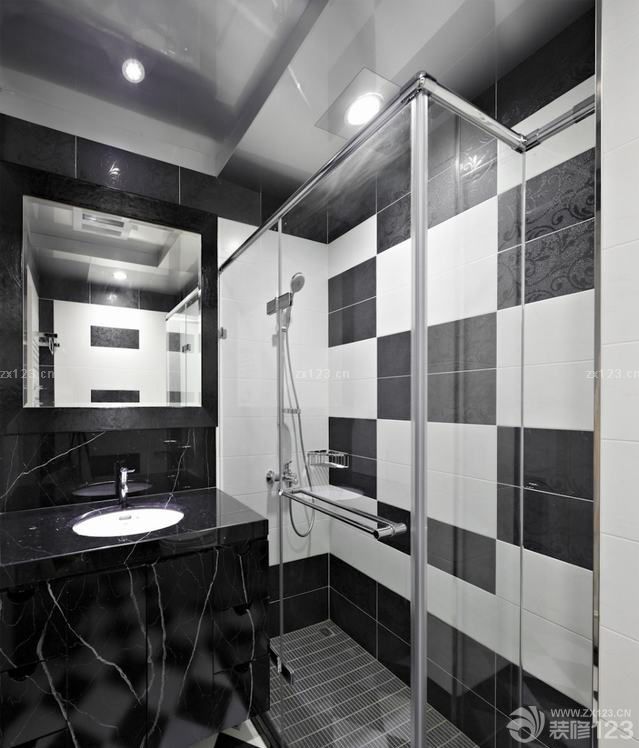 洗手间黑白墙砖 卫生间装修设计效果图 洗手池装修效果图片